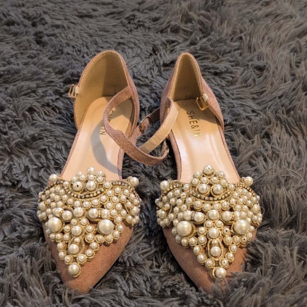 Rose Pearl Embellished Flats with Ankle Straps